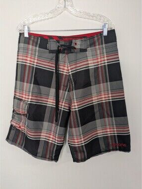 Ripzone Men’s Plaid Board Shorts – Black, Gray & Red Performance Swim Trunks